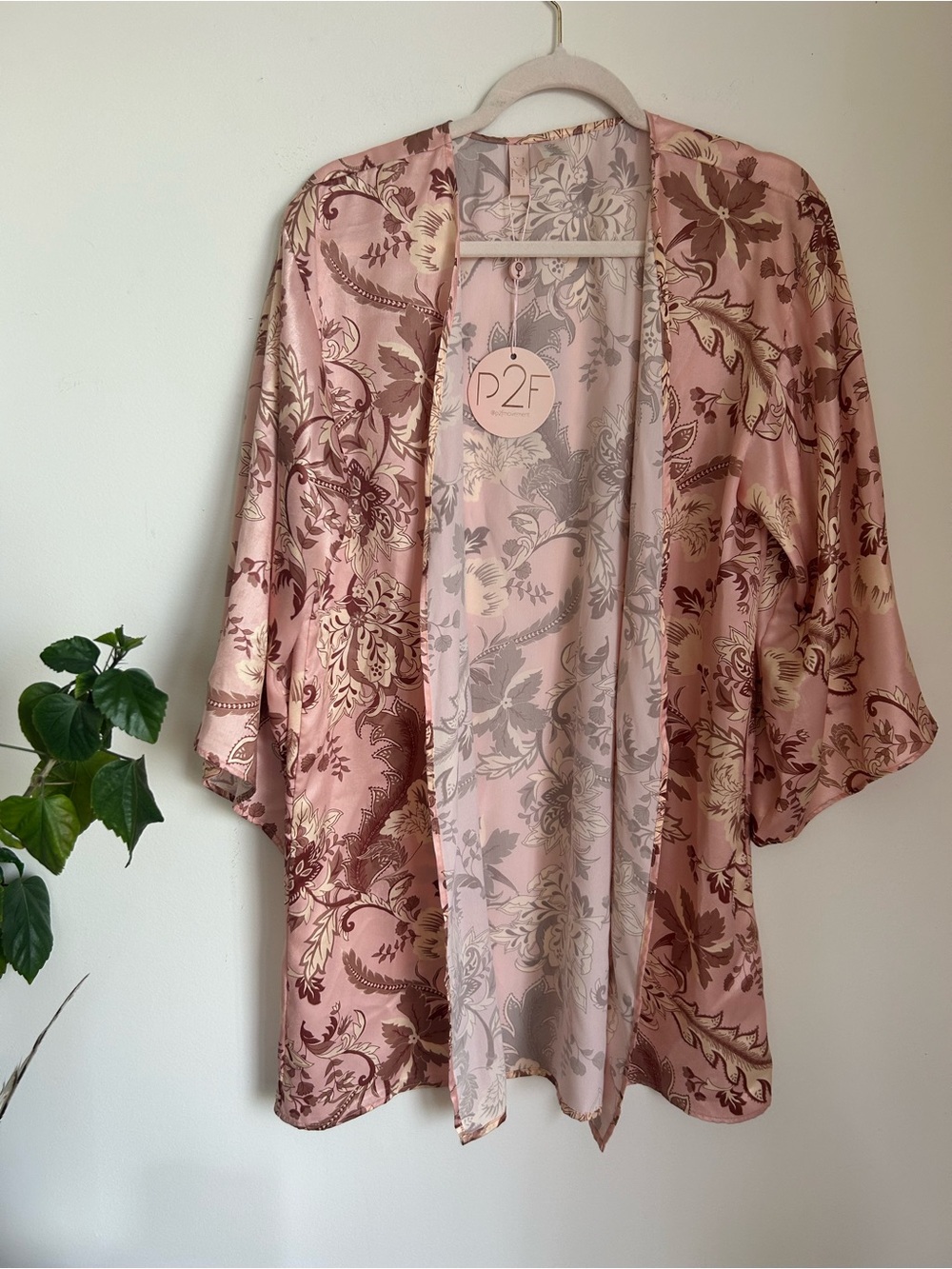 Pink Floral Satin Kimono Robe